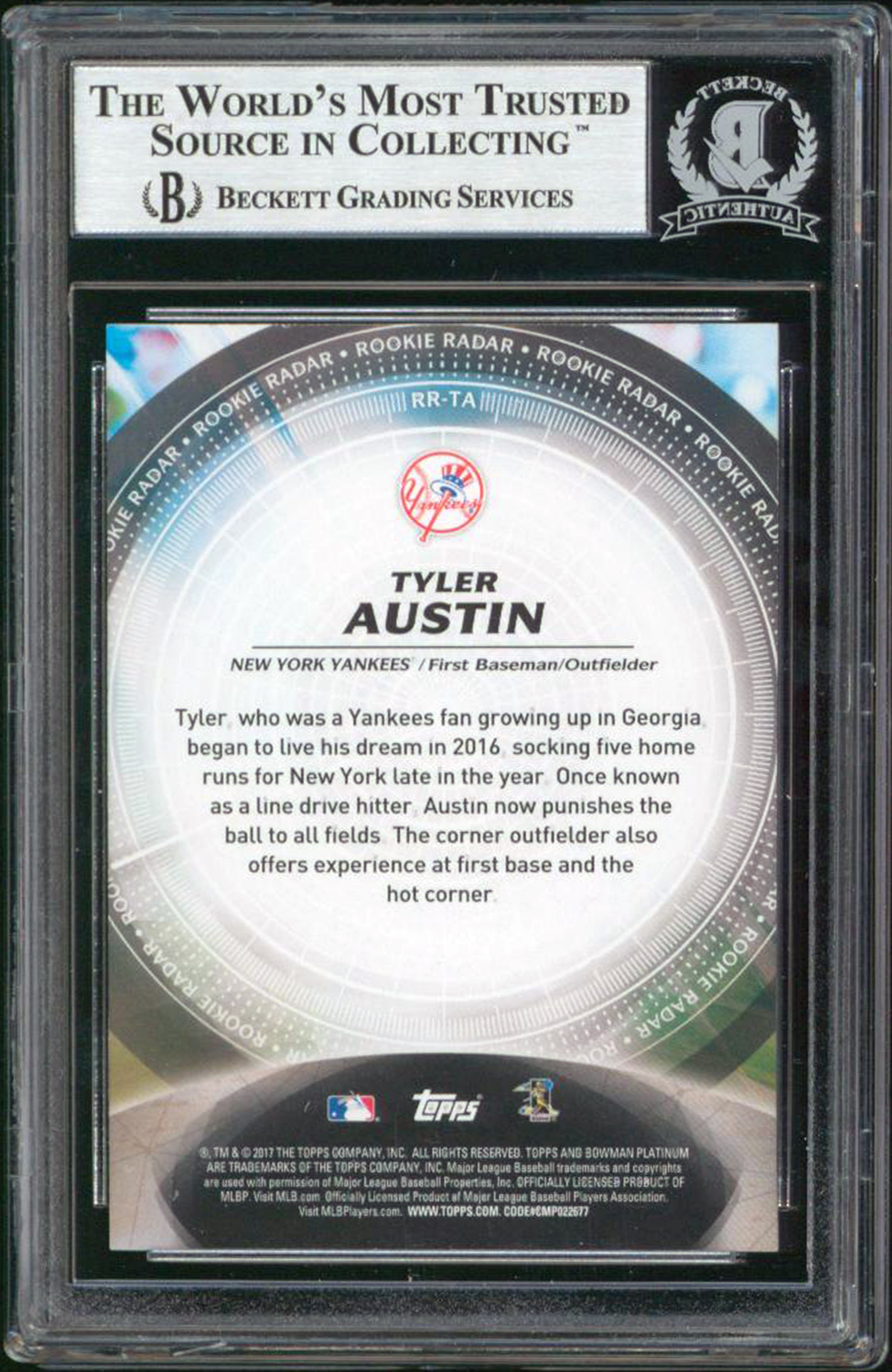 Yankees Tyler Austin Signed 2017 Bowman Platinum Rookie #RRTA Card BAS Slabbed