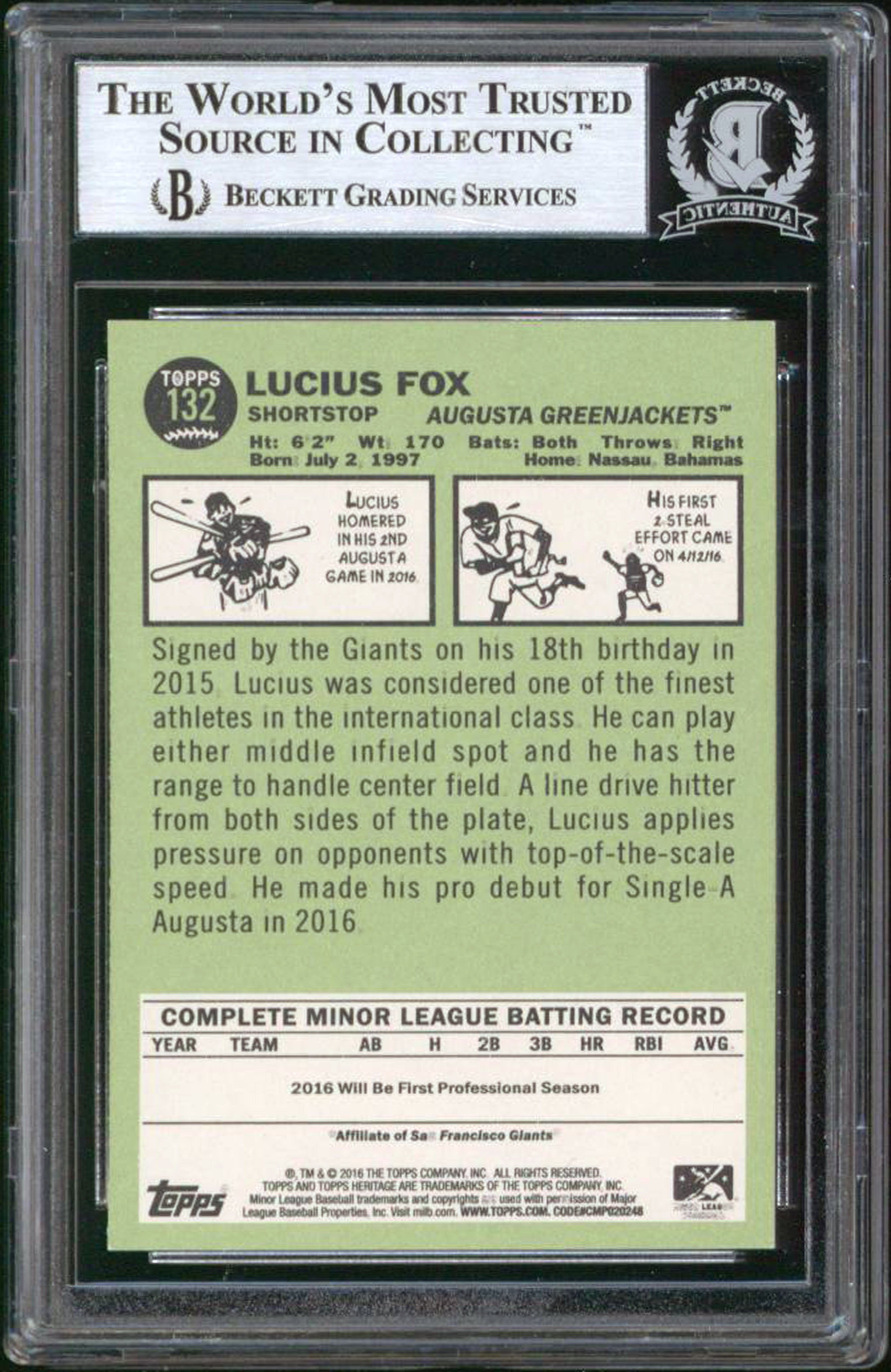 Giants Lucius Fox Signed 2016 Topps Heritage Minors #132 Rookie Card BAS Slabbed