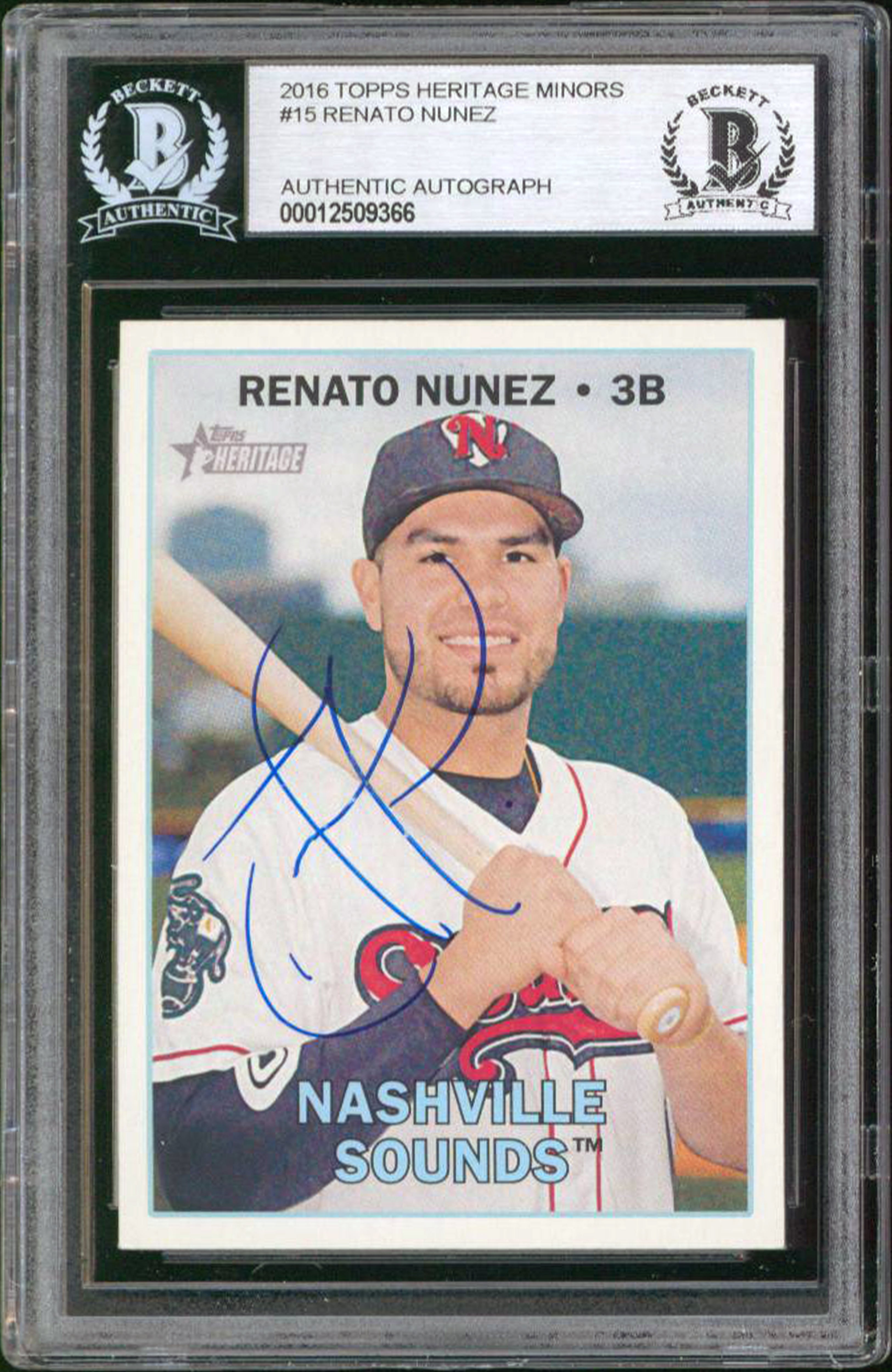 Athletics Renato Nunez Signed 2016 Topps Heritage Minors #15 Card BAS Slabbed