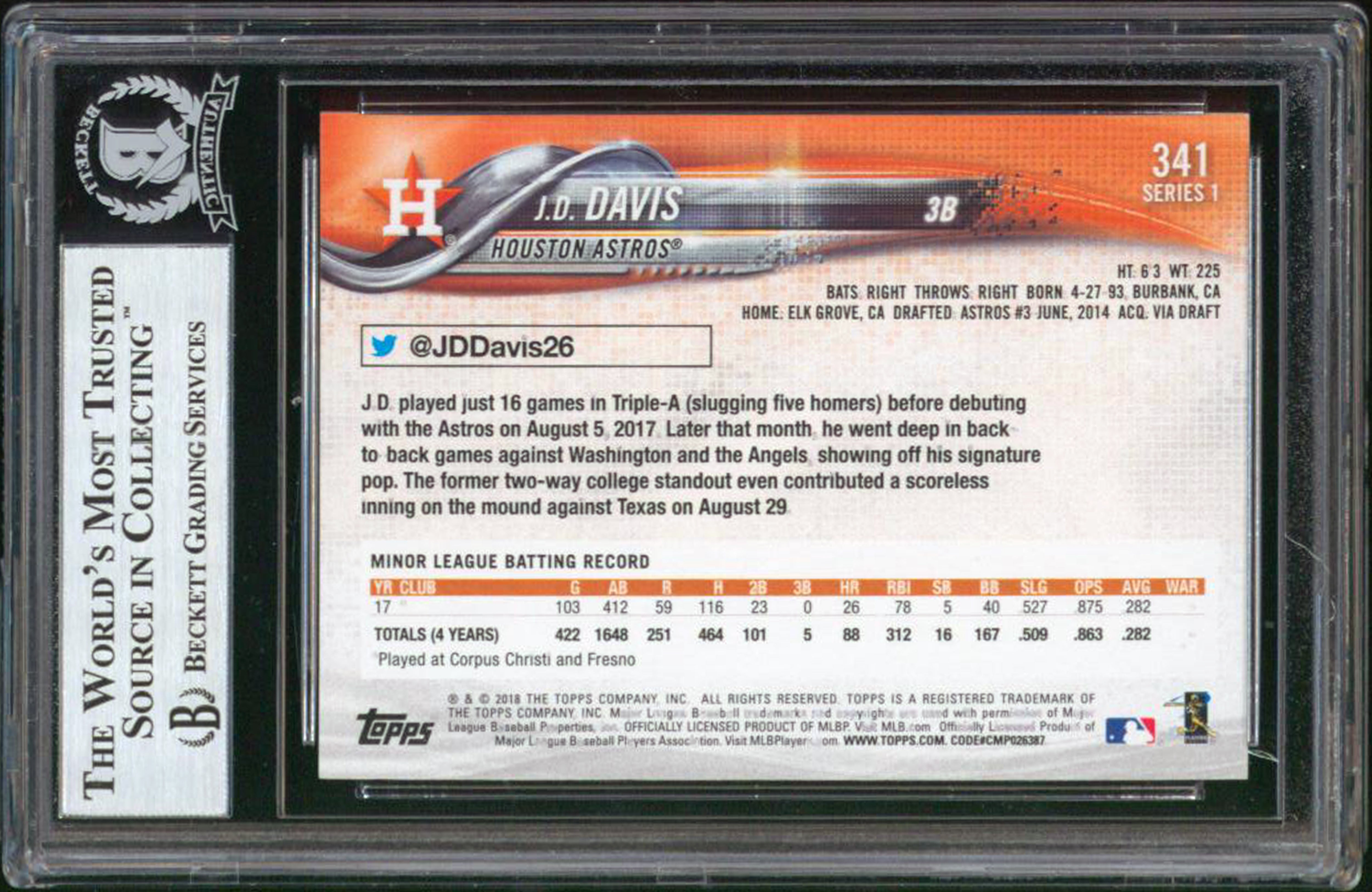 Astros J.D. Davis Signed 2018 Topps #341 Rookie Card BAS Slabbed #12509364