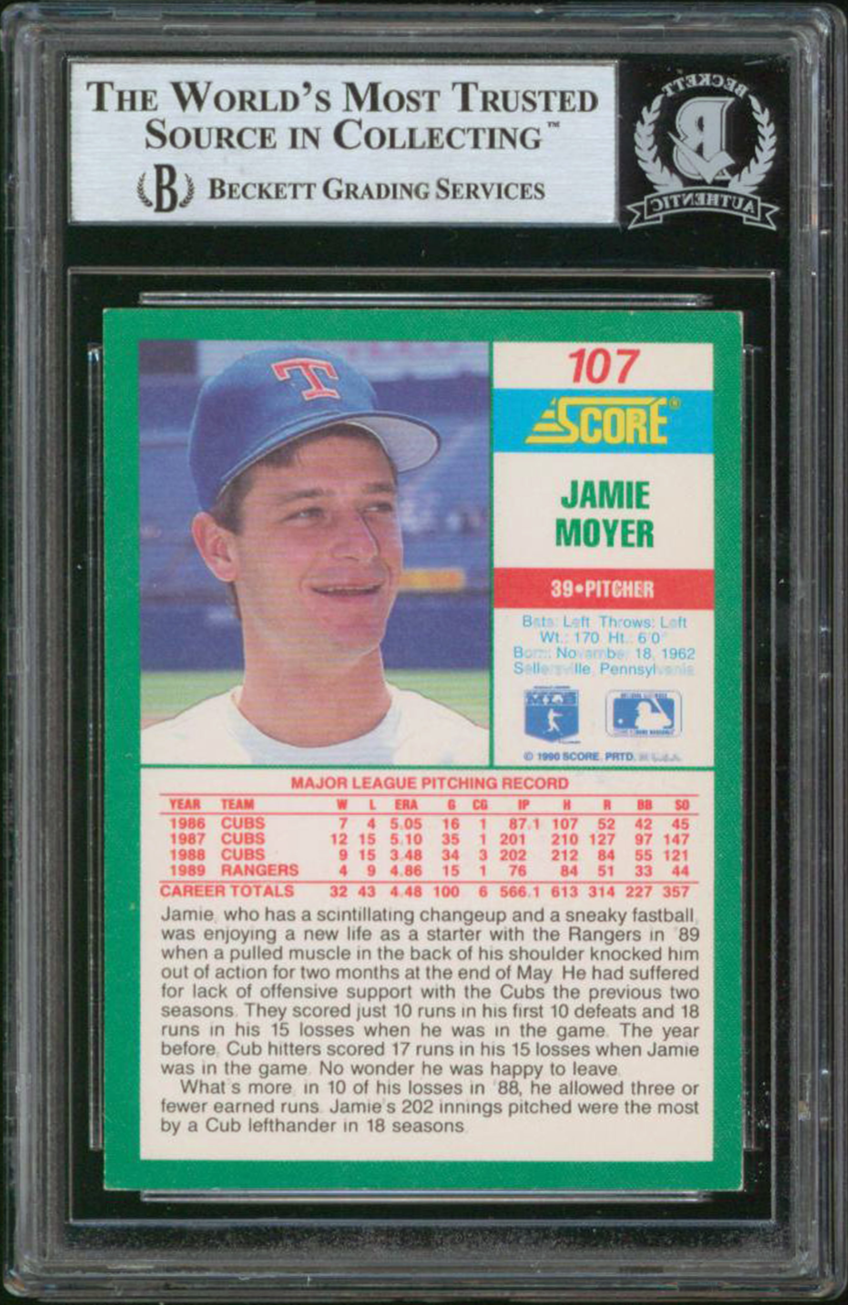 Rangers Jamie Moyer Authentic Signed 1990 Score #107B Card BAS Slabbed