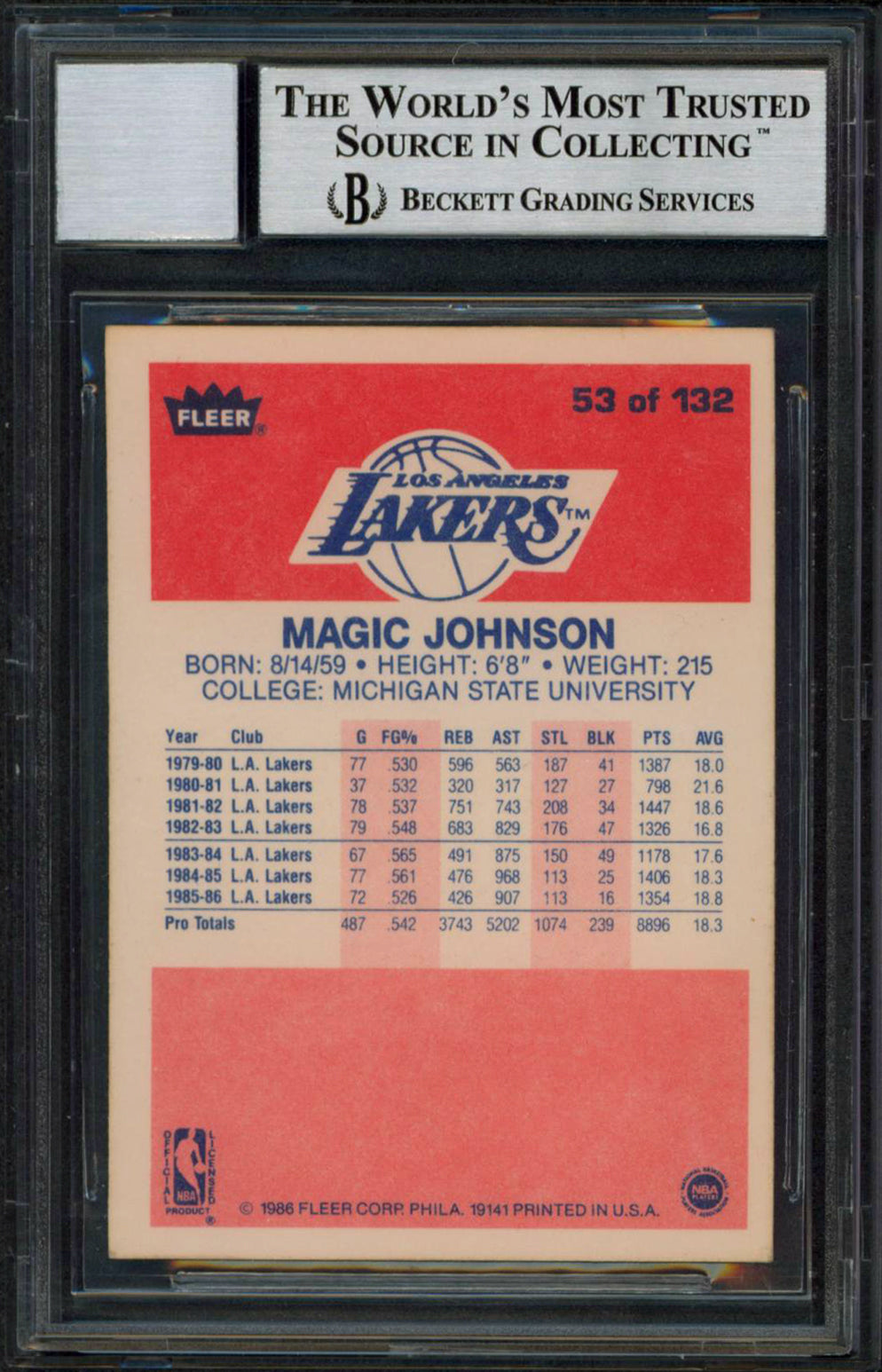 Lakers Magic Johnson Signed 1986 Fleer #53 Card Auto Graded Gem 10! BAS Slabbed