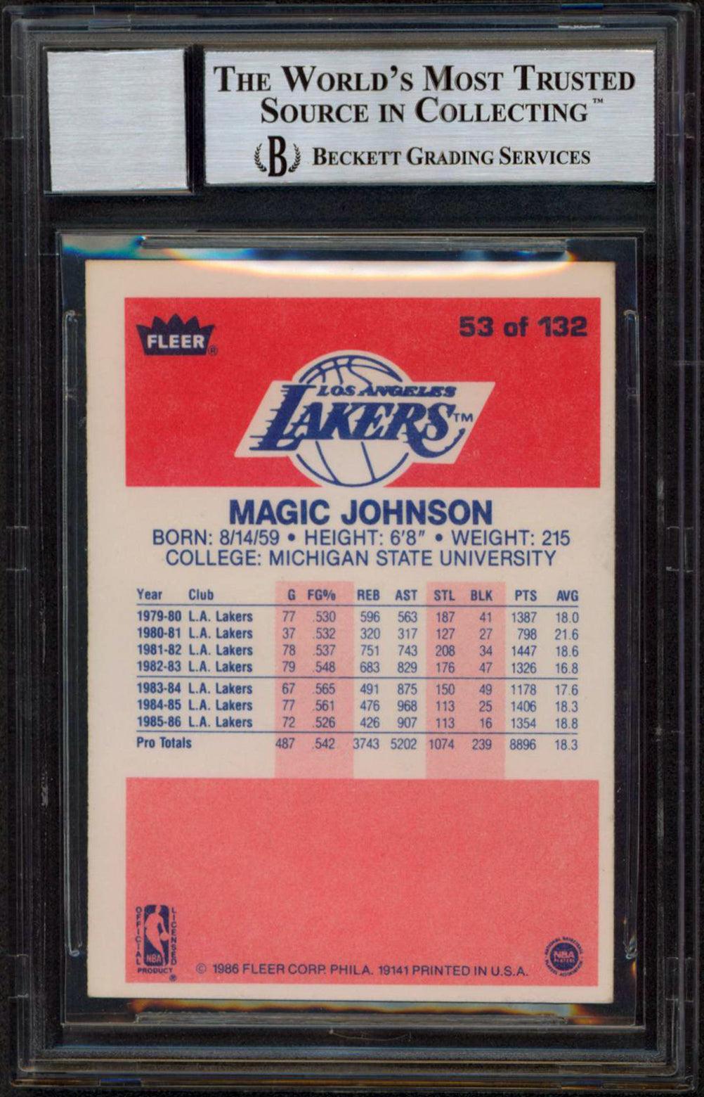 Lakers Magic Johnson Signed 1986 Fleer #53 Card Auto Graded Gem 10! BAS Slabbed