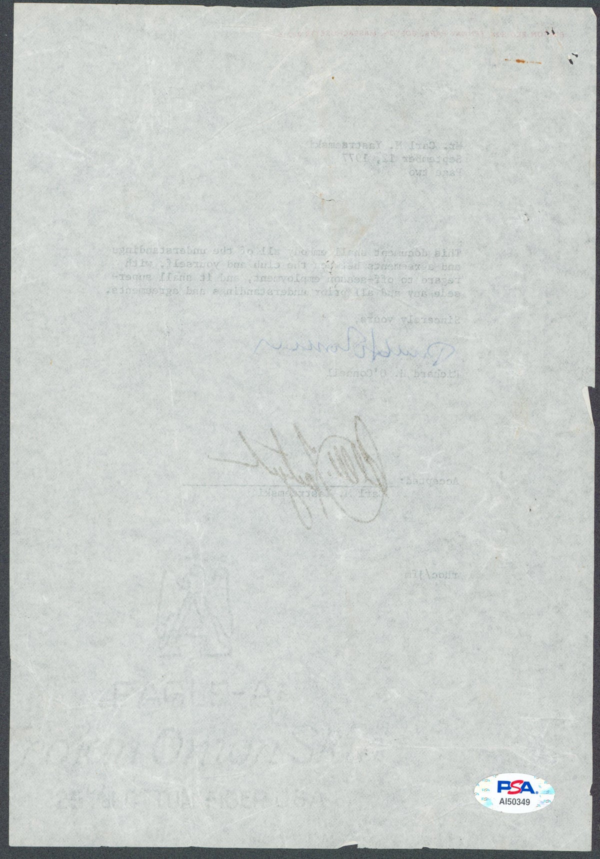 Red Sox Carl Yastrzemski Signed 1977 Letter on Red Sox Letterhead PSA #AI50349