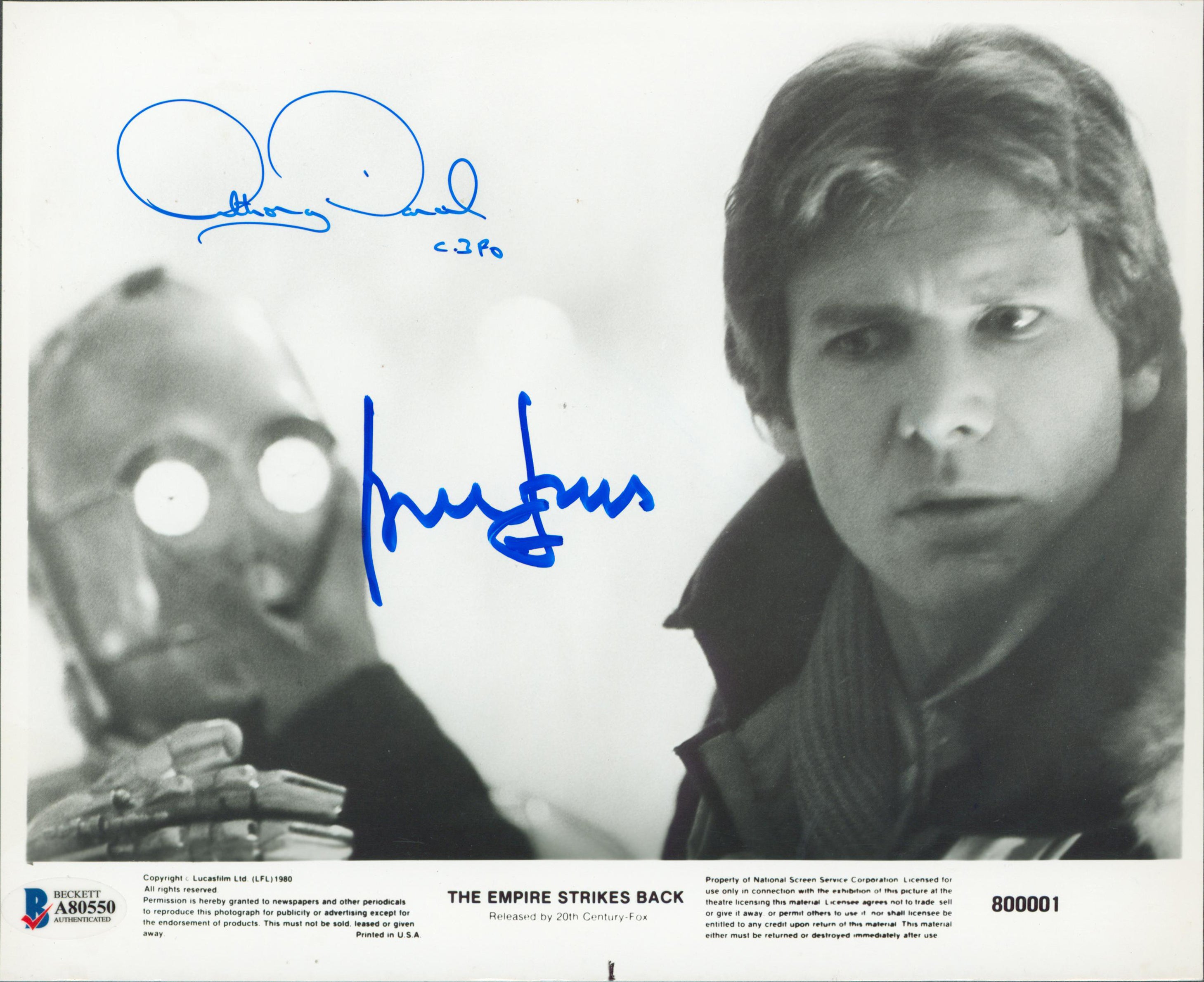 Harrison Ford & Anthony Daniels Star Wars Signed 8x10 B&W Photo BAS #A80550