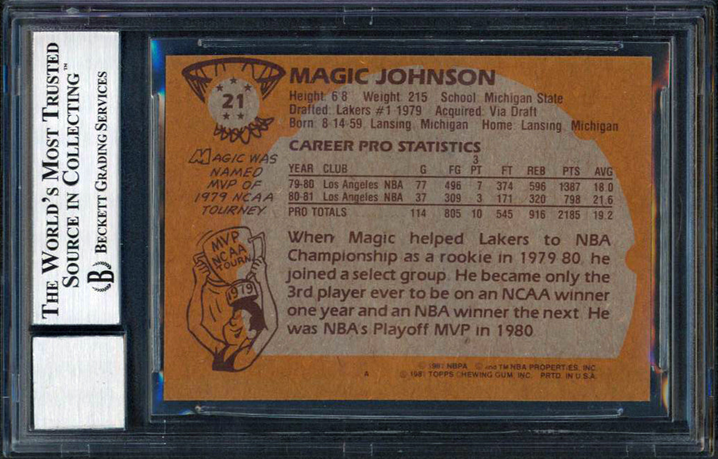 Lakers Magic Johnson Signed 1981 Topps #21 Card Auto Grade 10 BAS Slab #12565788