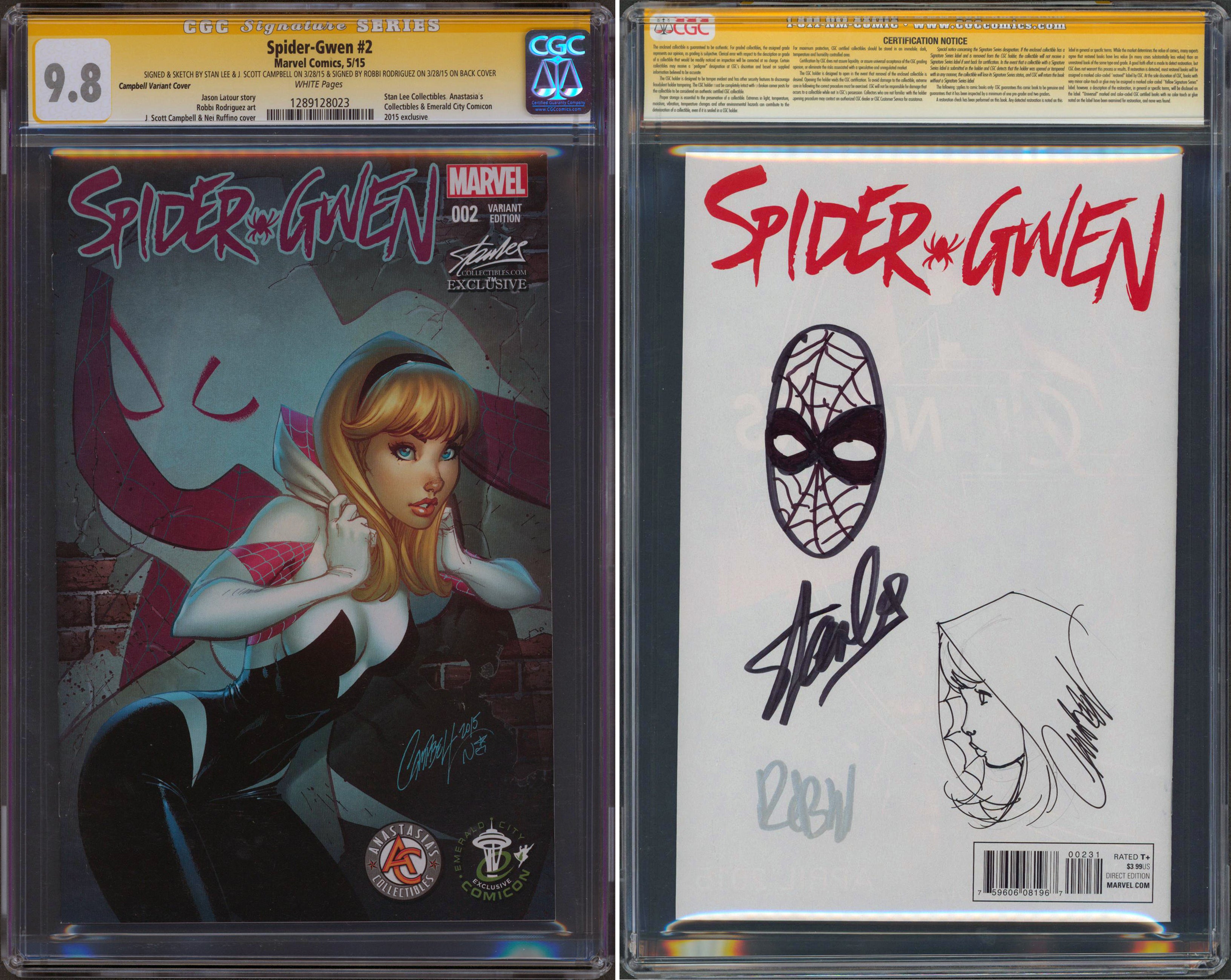 (3) Lee, Campbell & Rodriguez Signed Spider-Gwen #2 Variant Edition Comic CGC