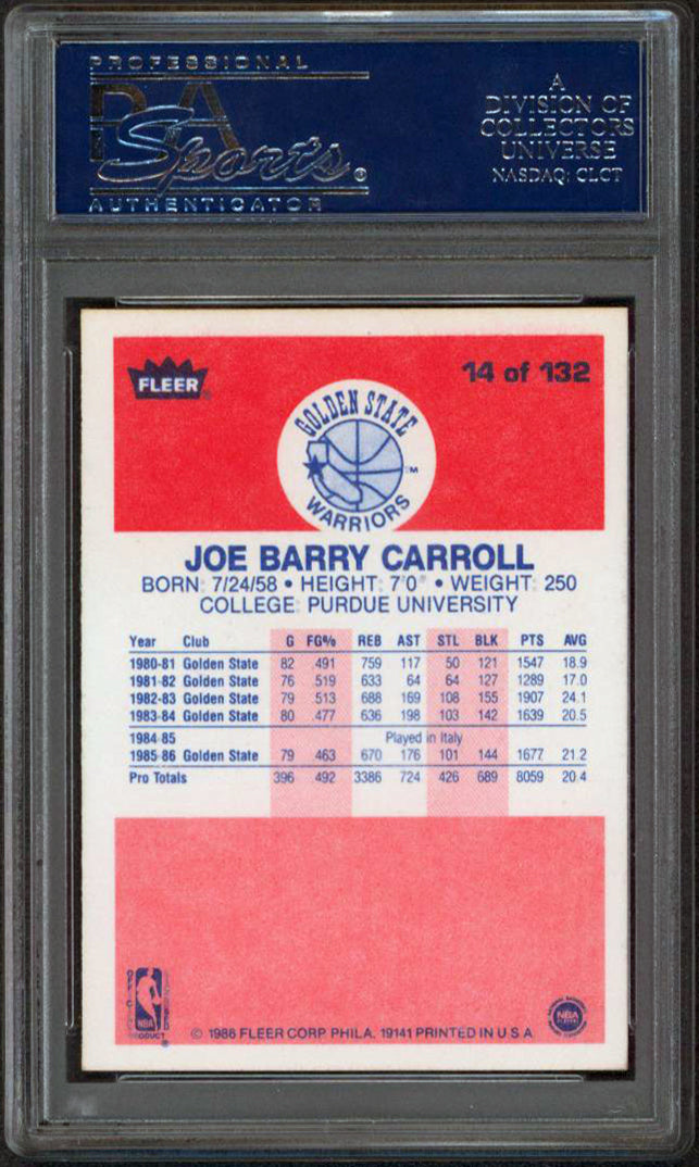 Warriors Joe Barry Carroll Signed 1986 Fleer #14 Card Auto 10 PSA Slab #83528923