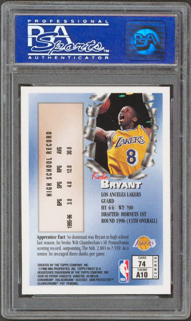 Lakers Kobe Bryant 1996 Topps Finest #74 w/ Coating Rookie Card 10 PSA Slabbed