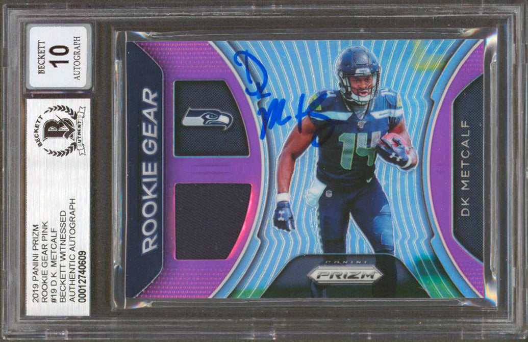 DK Metcalf Signed 2019 Panini Prizm Rookie Gear Pink #19 Card Auto 10 BAS Slab
