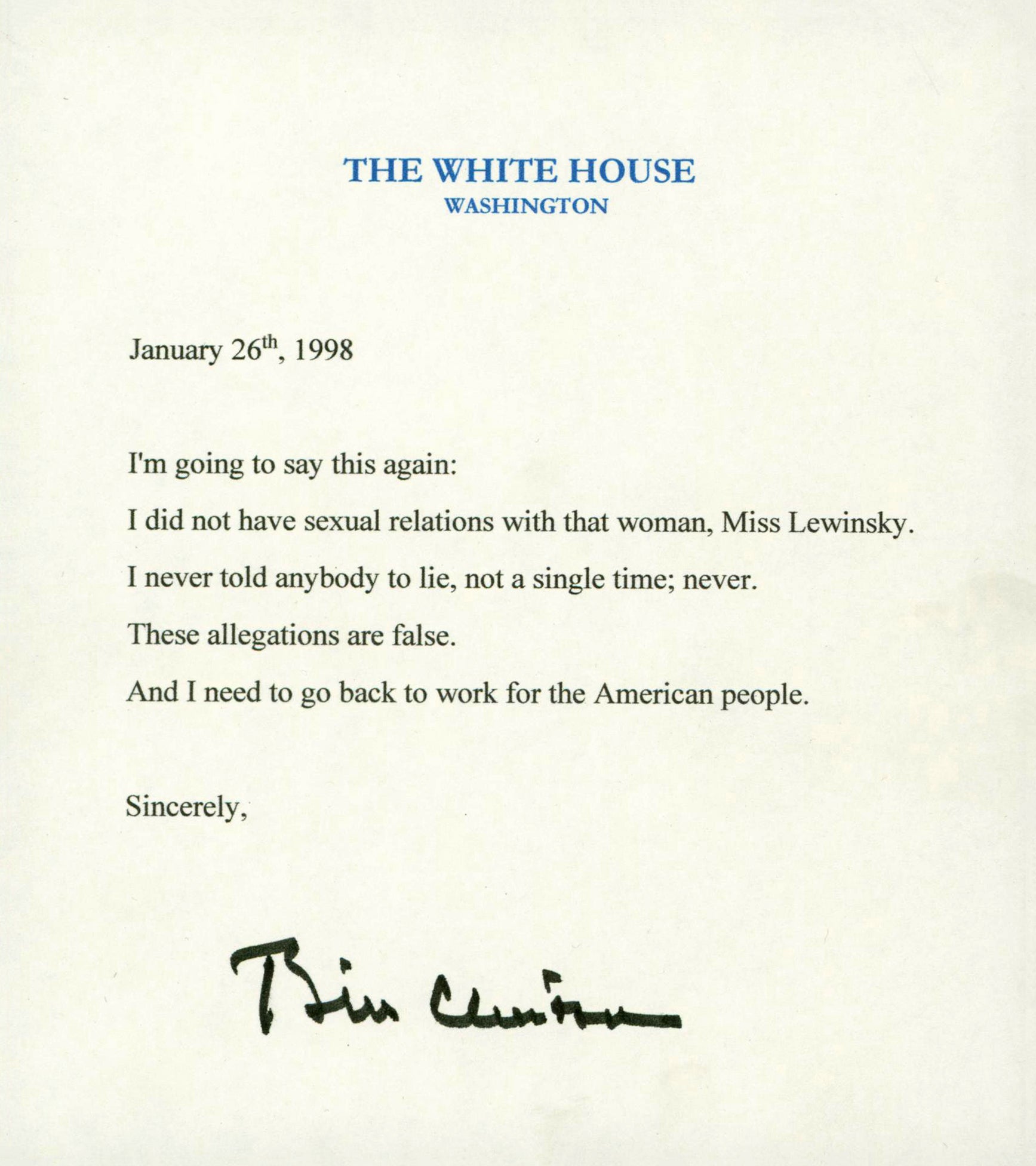 Bill Clinton Signed 5.5x6.5 Lewinsky Letter Cut Signature Auto 10! BAS #AA03544