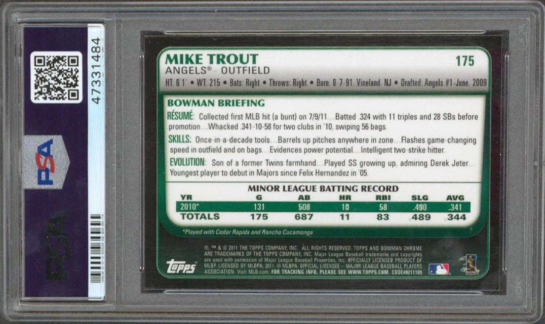 Angels Mike Trout 2011 Bowman Chrome #175 Rookie Card Graded Mint 9! PSA Slabbed