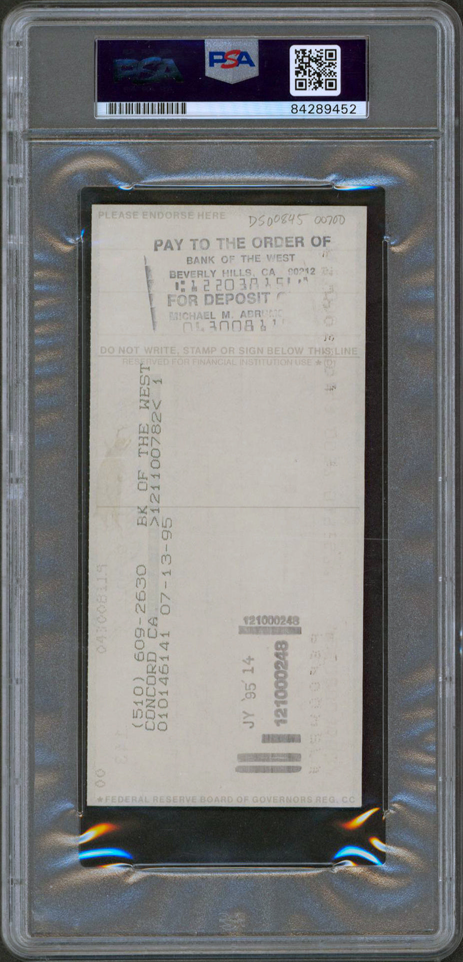 Ronald Reagan Signed 2.75x6 Personal Check Dated July 4, 1995 PSA/DNA Slabbed