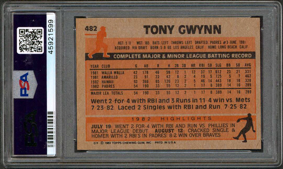 Padres Tony Gwynn Authentic Signed 1983 Topps #482 Rookie Card PSA/DNA Slabbed