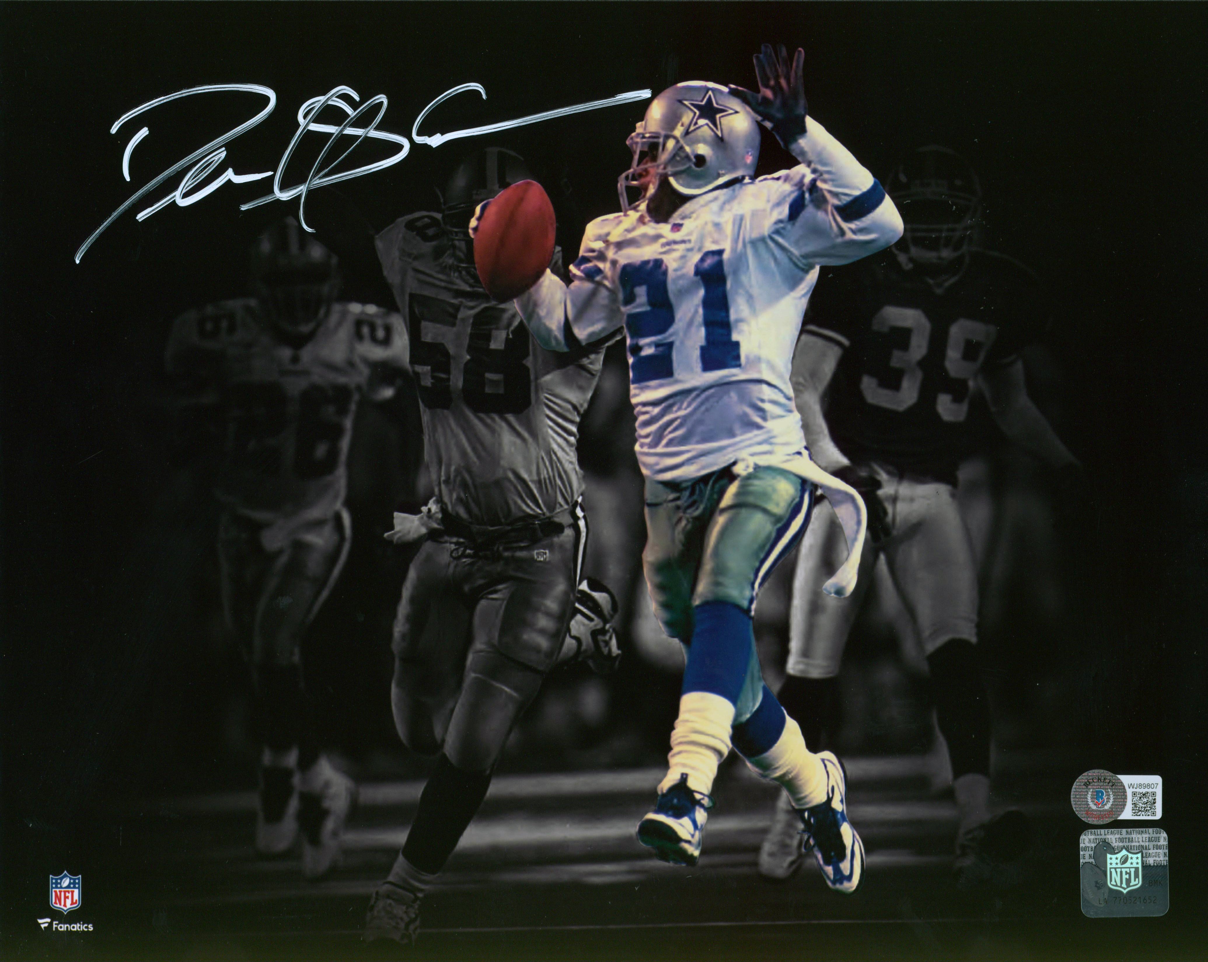 Cowboys Deion Sanders Authentic Signed 11x14 Horizontal Blackout Photo BAS Wit