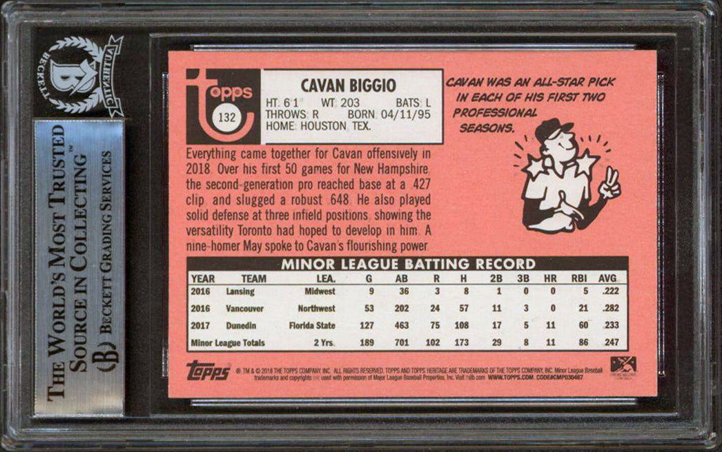 Blue Jays Cavan Biggio Signed 2018 Topps Heritage Minors #132 RC BAS Slabbed