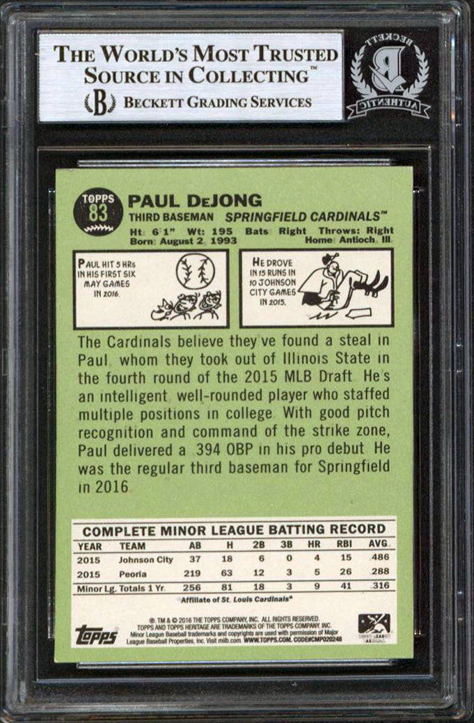 Cardinals Paul DeJong Authentic Signed 2016 Topps Heritage Minors 83 RC BAS Slab