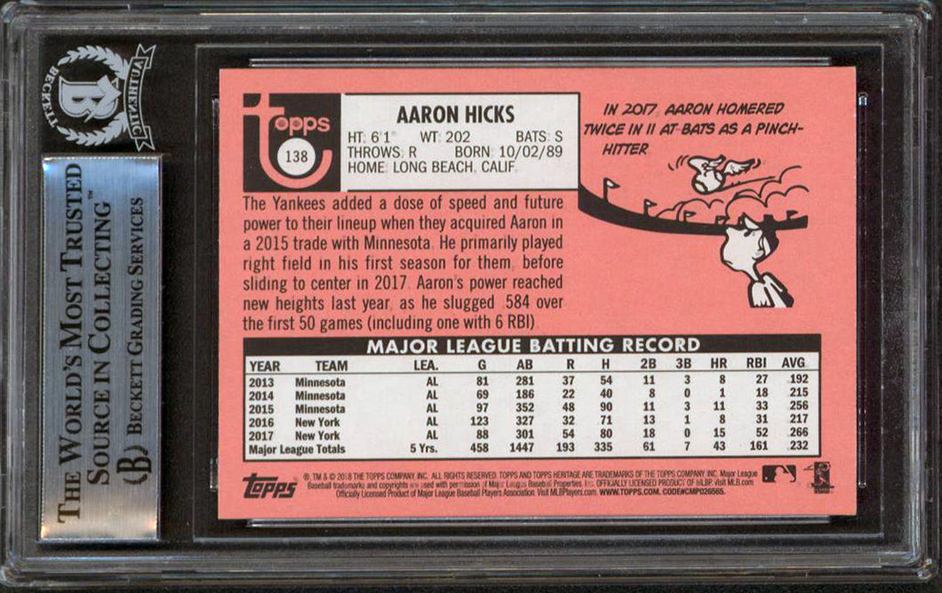 Yankees Aaron Hicks Authentic Signed 2018 Topps Heritage #138 Card BAS Slabbed