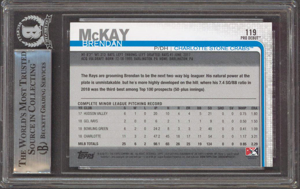 Rays Brendan McKay Authentic Signed 2019 Topps Pro Debut #119 RC BAS Slabbed