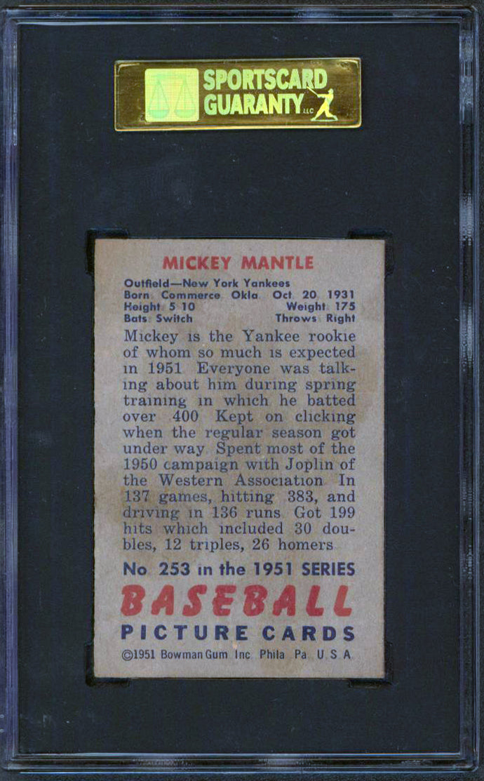 Yankees Mickey Mantle 1951 Bowman #253 Rookie Card Graded Good 2 SGC Authentic