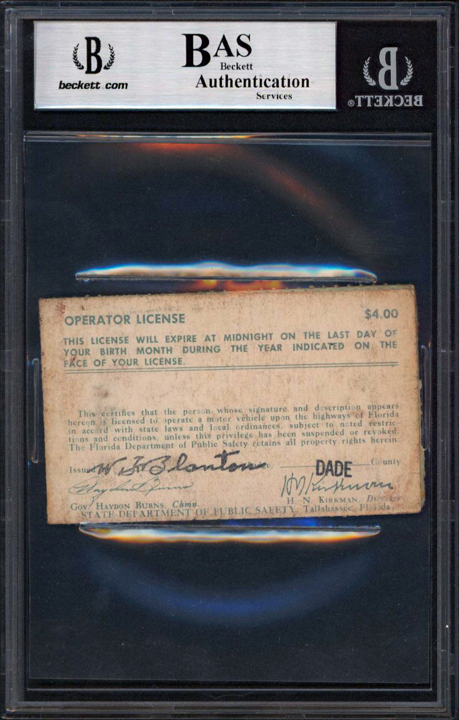 Red Sox Jimmie Foxx Signed State Of Florida Drivers License BAS Slabbed