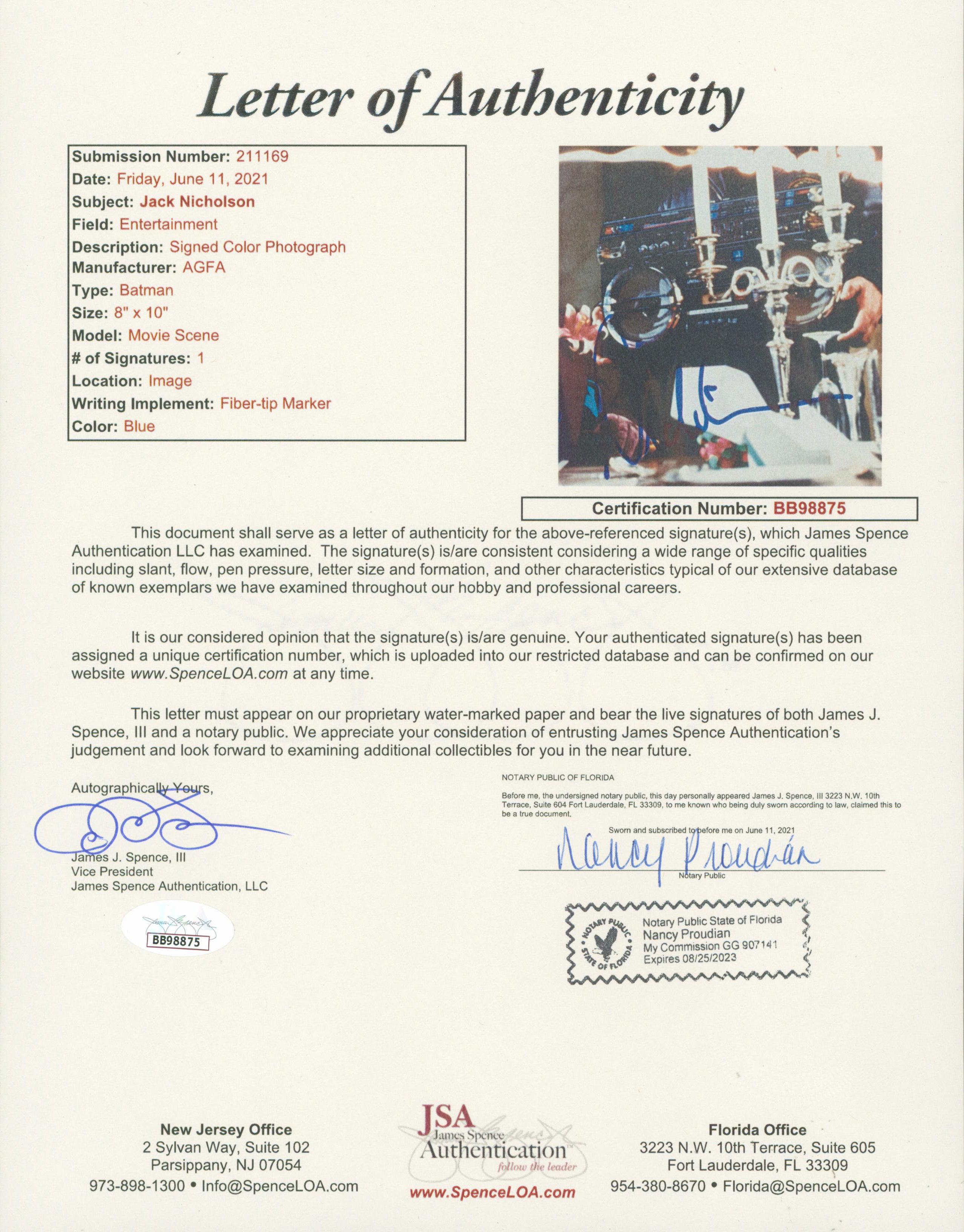 Jack Nicholson Batman Authentic Signed 8x10 Photo Autographed JSA #BB98875