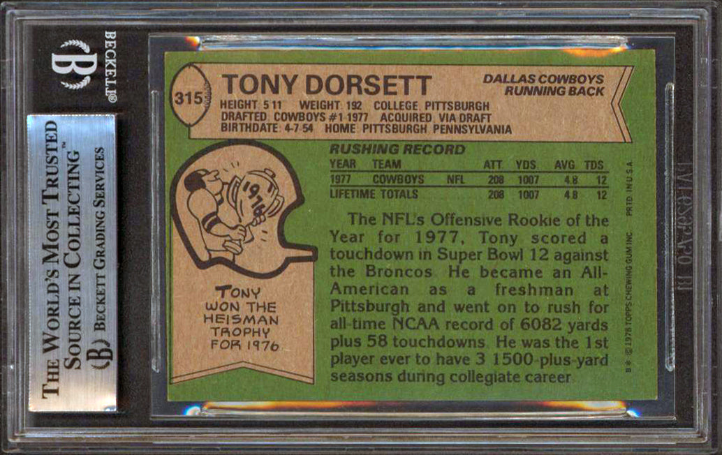 Cowboys Tony Dorsett "ROY 77, HOF 94" Signed 1978 Topps #315 RC Card BAS Slab 3