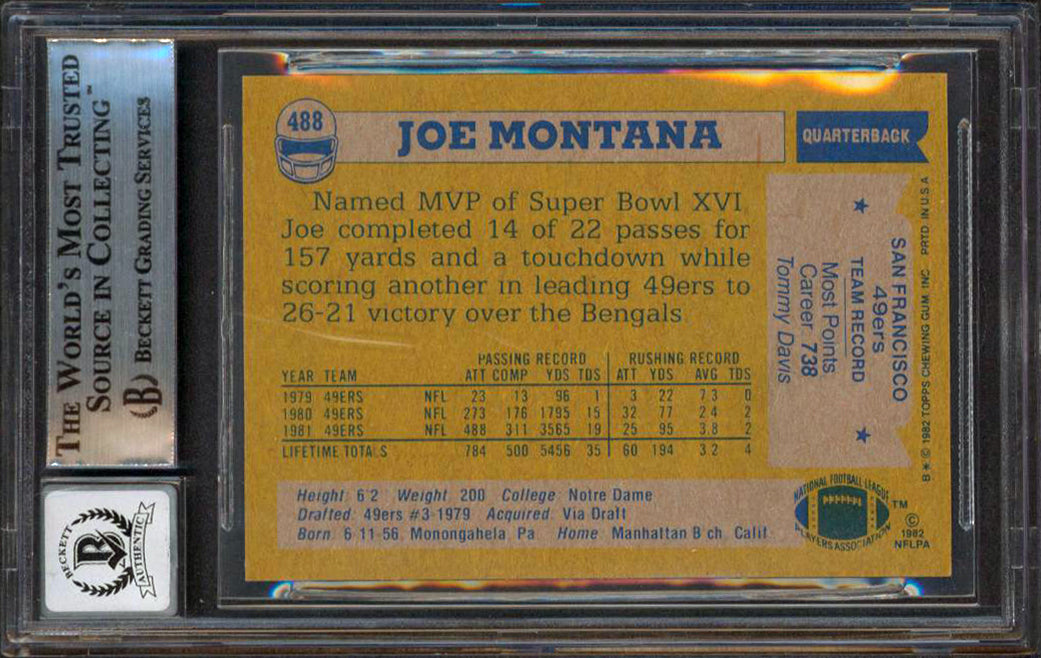 49ers Joe Montana Signed 1982 Topps #488 Card Auto Graded 10! BAS Slabbed