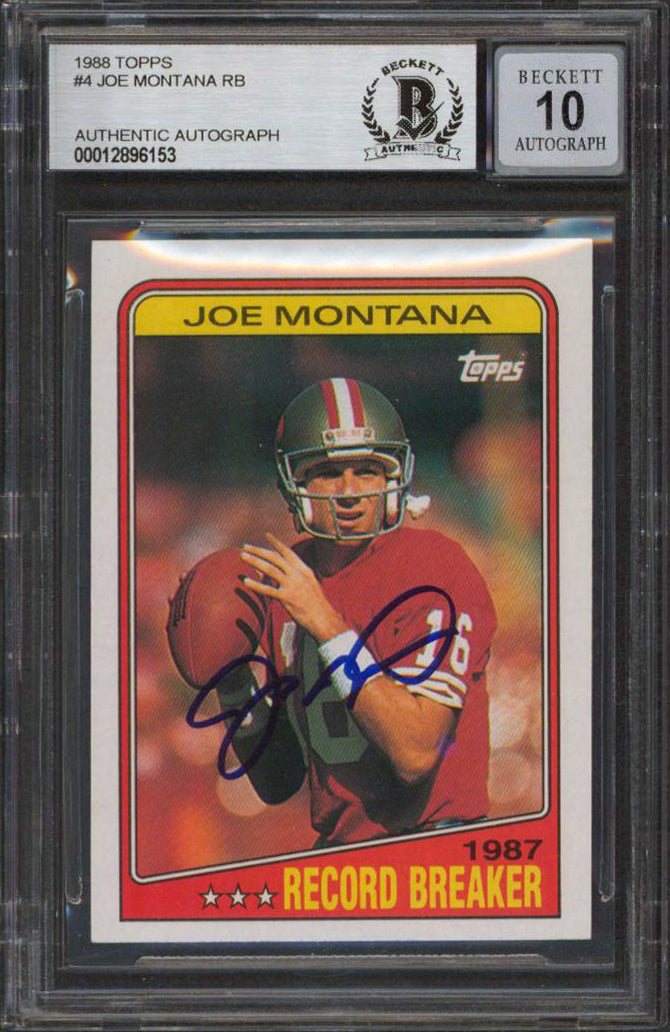 49ers Joe Montana Signed 1988 Topps #4 RB Card Auto Graded 10! BAS Slabbed