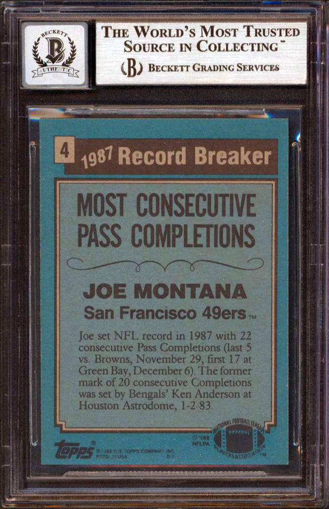 49ers Joe Montana Signed 1988 Topps #4 RB Card Auto Graded 10! BAS Slabbed