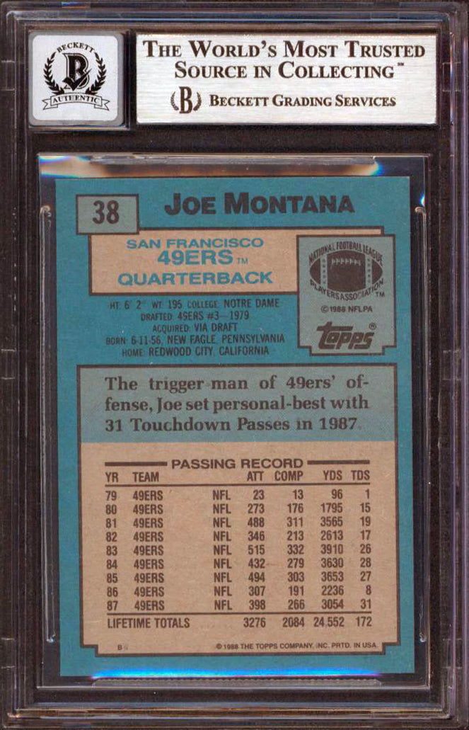 49ers Joe Montana Authentic Signed 1988 Topps #38 Card Auto Grade 10 BAS Slabbed