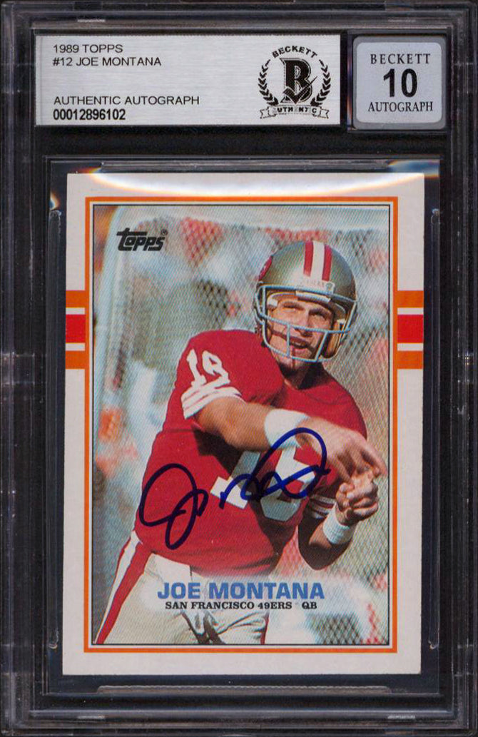 49ers Joe Montana Signed 1989 Topps #12 Card Auto Graded Gem 10! BAS Slabbed