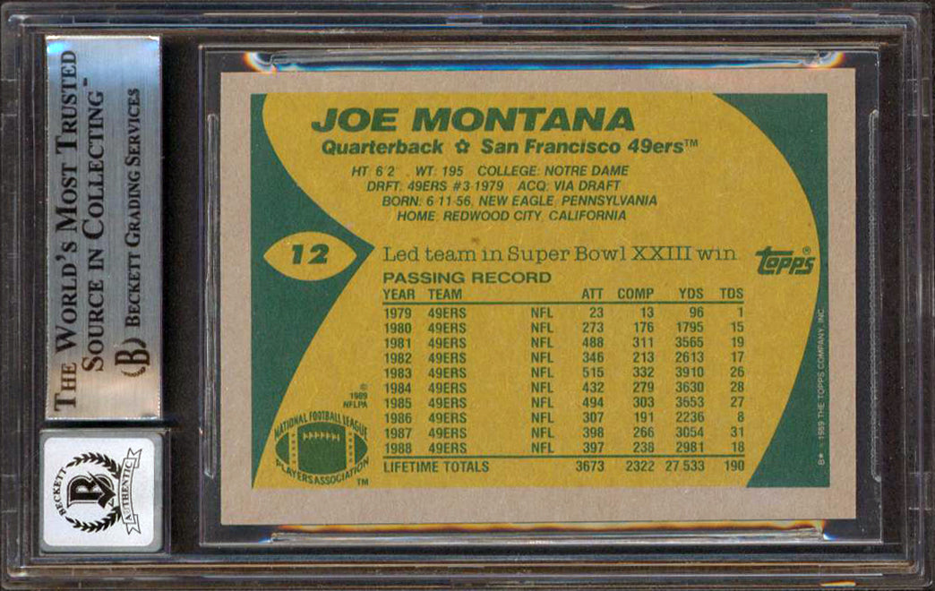 49ers Joe Montana Signed 1989 Topps #12 Card Auto Graded Gem 10! BAS Slabbed