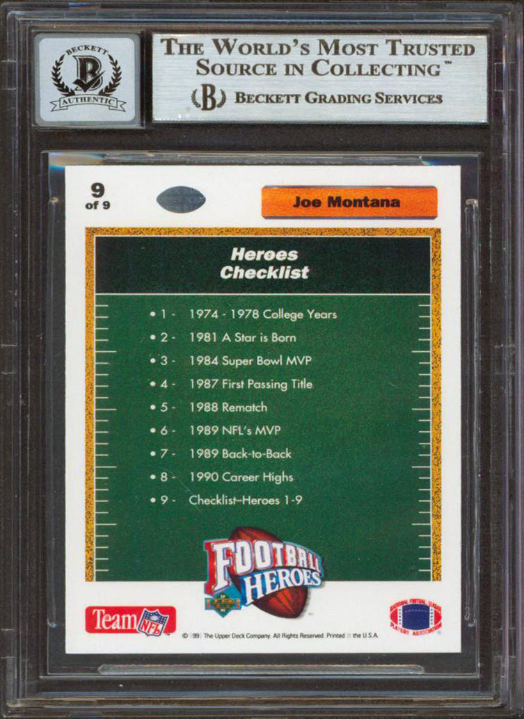49ers Joe Montana Signed 1991 Upper Deck Heroes #9 Card Auto Graded 10! BAS Slab