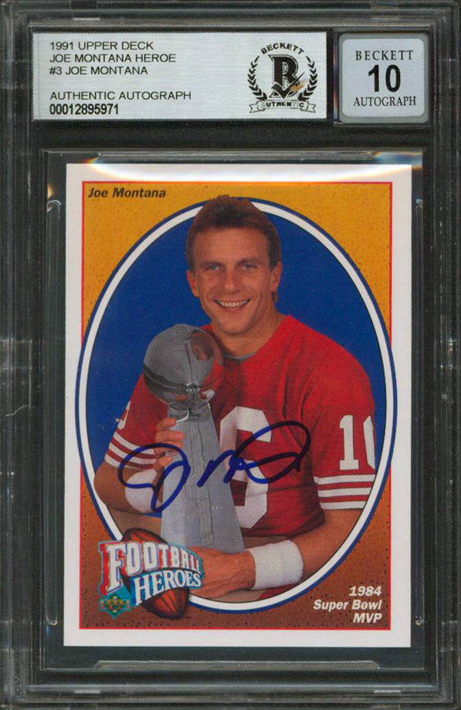 49ers Joe Montana Signed 1991 Upper Deck Heroes #3 Card Auto Graded 10! BAS Slab