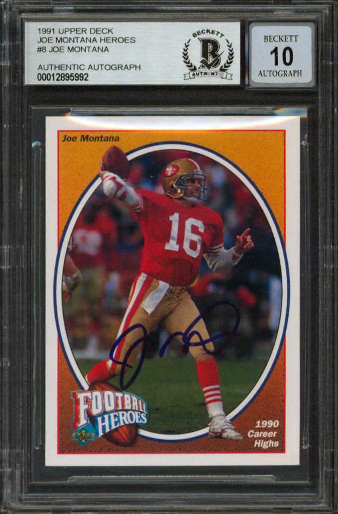49ers Joe Montana Signed 1991 Upper Deck Heroes #8 Card Auto Graded 10! BAS Slab