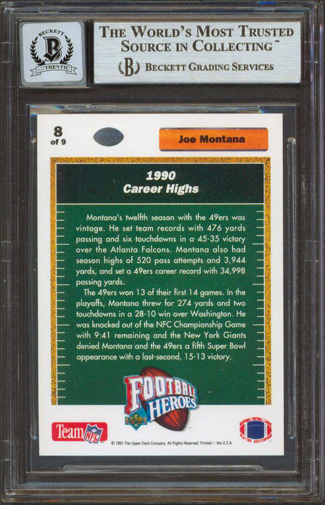 49ers Joe Montana Signed 1991 Upper Deck Heroes #8 Card Auto Graded 10! BAS Slab