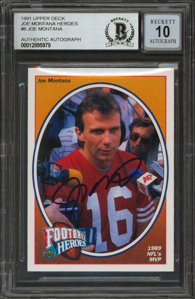49ers Joe Montana Signed 1991 Upper Deck Heroes #6 Card Auto Graded 10! BAS Slab