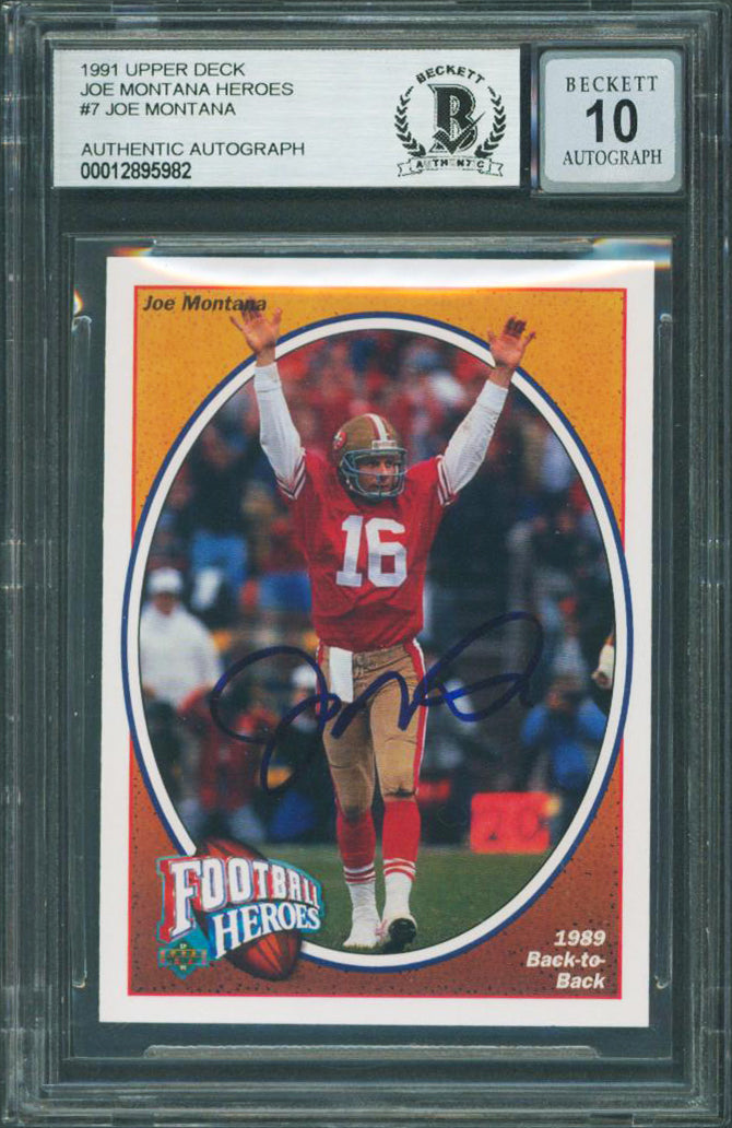 49ers Joe Montana Signed 1991 Upper Deck Heroes #7 Card Auto Graded 10! BAS Slab