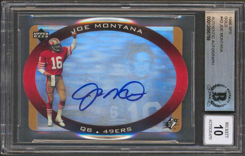 49ers Joe Montana Signed 1996 SPX Gold #43 Card Auto Graded Gem 10! BAS Slabbed