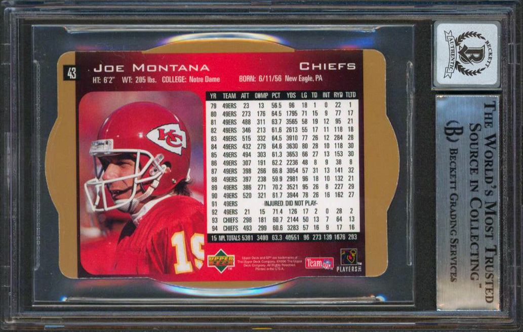 49ers Joe Montana Signed 1996 SPX Gold #43 Card Auto Graded Gem 10! BAS Slabbed