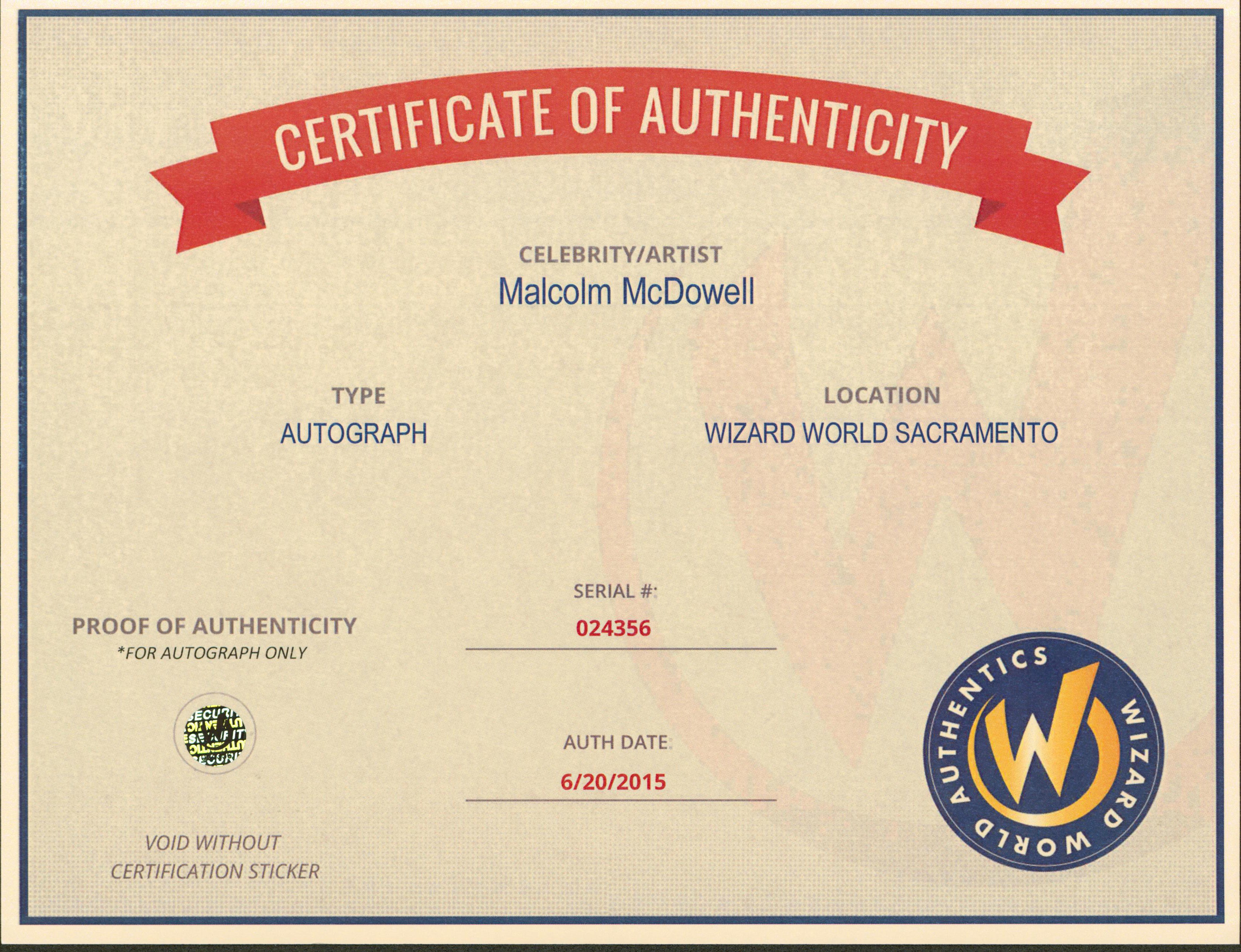 Malcolm McDowell Aces High Authentic Signed 8x10 Photo Wizard World #024356