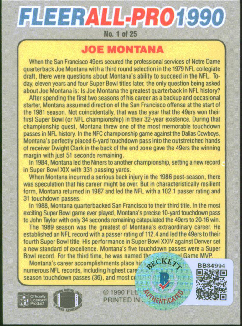 49ers Joe Montana Authentic Signed 1990 Fleer All-Pro #1 Card BAS #BB84994