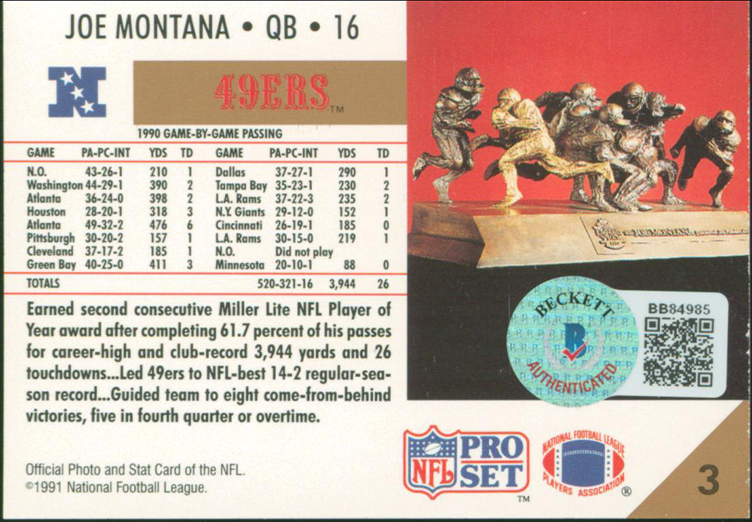 49ers Joe Montana Authentic Signed 1991 Pro Set #3 Card Autographed BAS #BB84985
