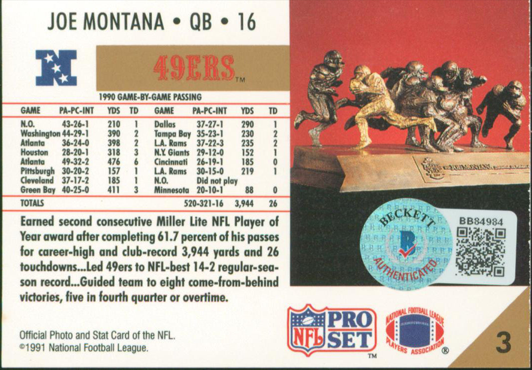 49ers Joe Montana Authentic Signed 1991 Pro Set #3 Card Autographed BAS #BB84984