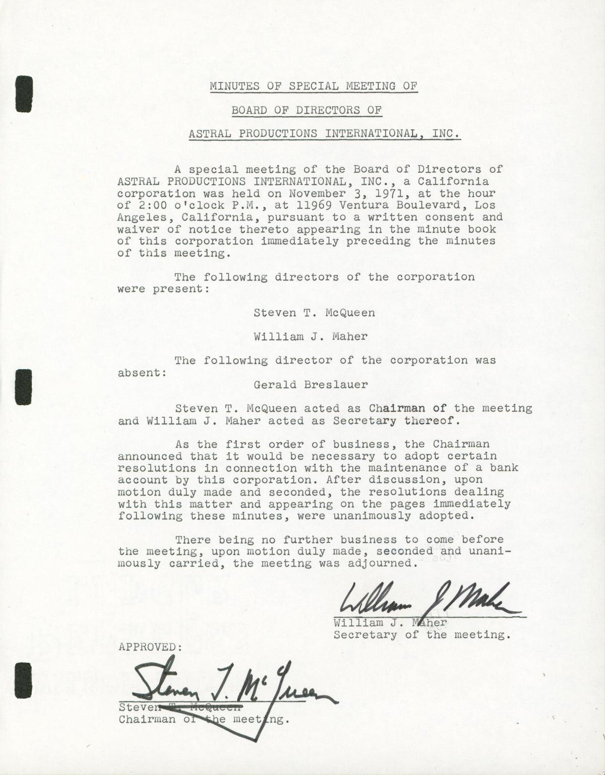 Steve McQueen Authentic Signed 8.5x11 1971 Astral Productions Document BAS