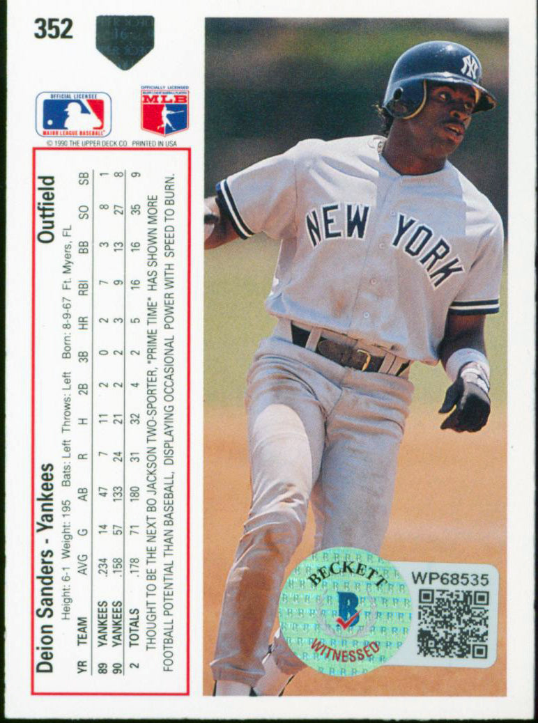 Yankees Deion Sanders Signed 1991 Upper Deck #352 Card BAS Witnessed #WP68535