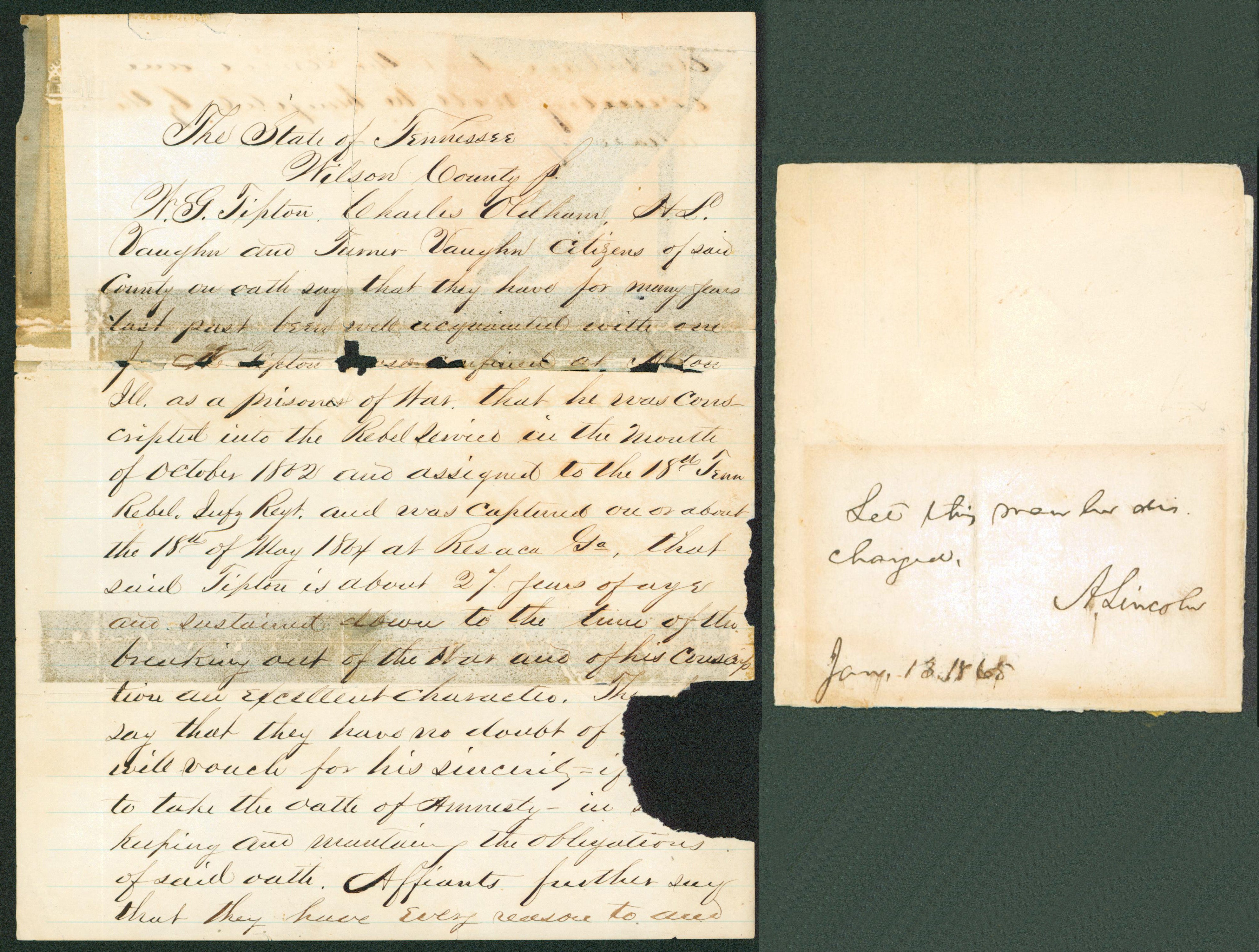 Abraham Lincoln Jan. 13, 1865 Signed Handwritten Endorsement Document BAS LOA