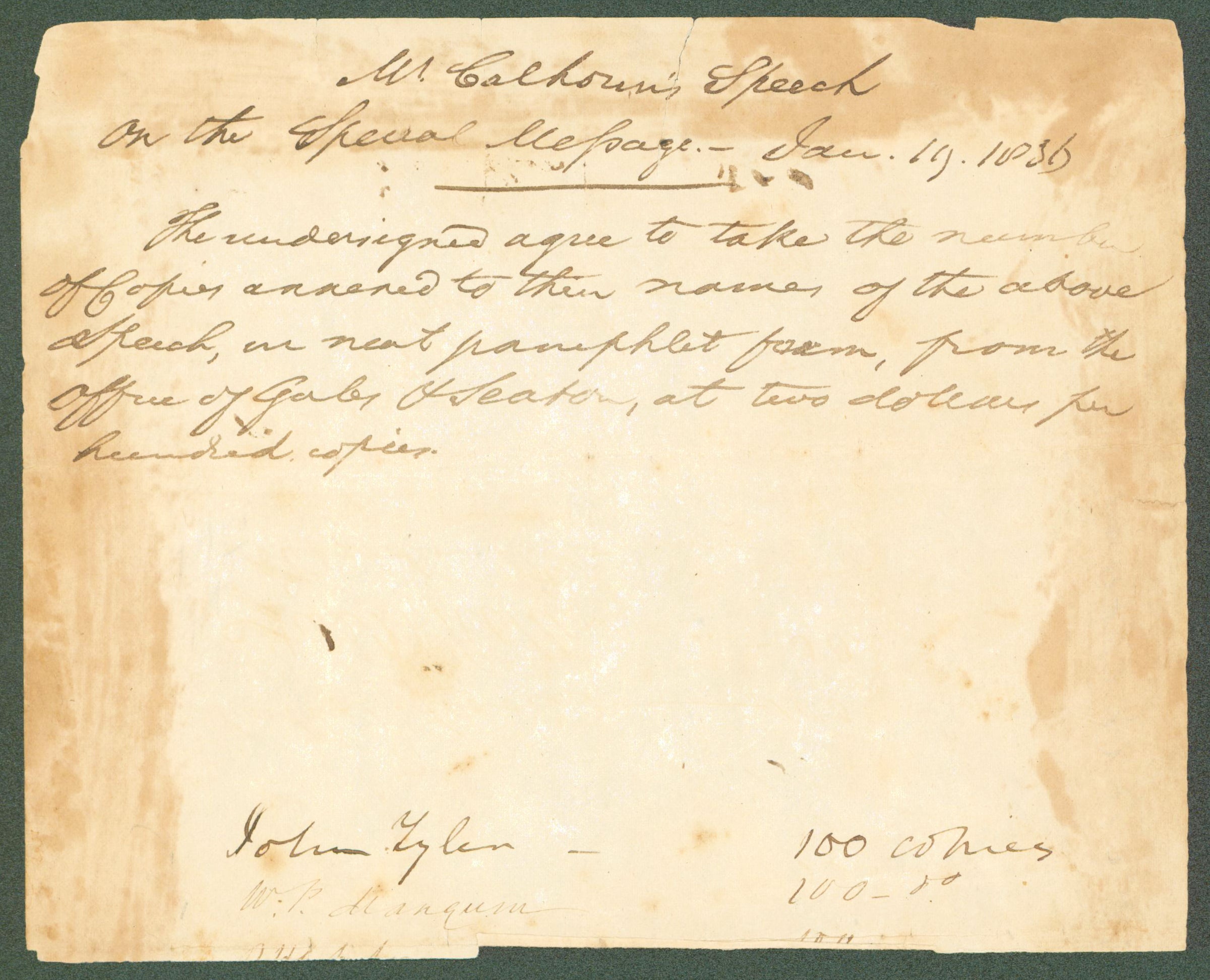 John Tyler Authentic Signed 6.25x7.5 1836 Printing Order Document BAS #AB14363