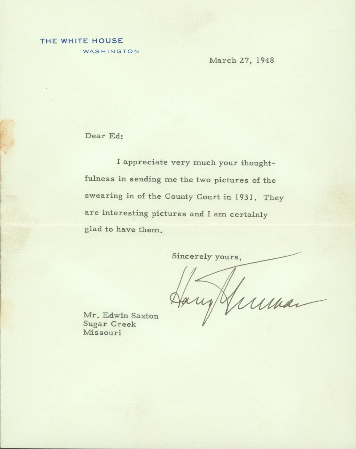 Harry Truman Signed 7x8.75 1948 Letter On White House Letterhead BAS #AB14370